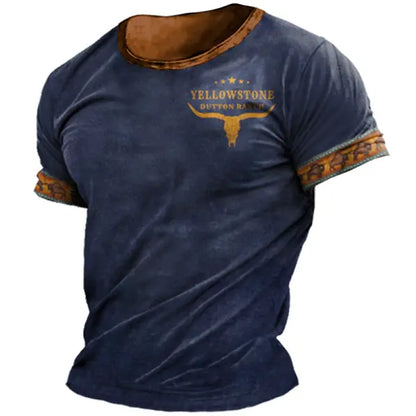 Men's T-shirt Retro Western National Style Yellowstone Print Pattern Summer Short-sleeved Color Matching Round Neck Tee