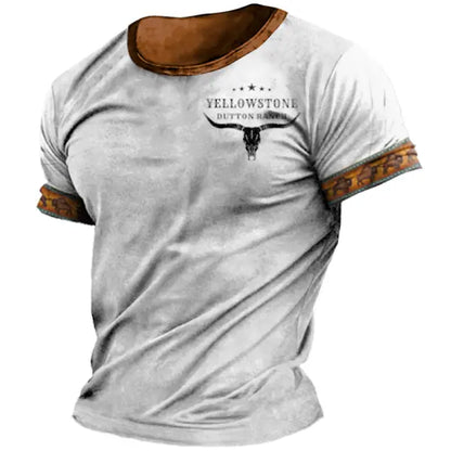 Men's T-shirt Retro Western National Style Yellowstone Print Pattern Summer Short-sleeved Color Matching Round Neck Tee