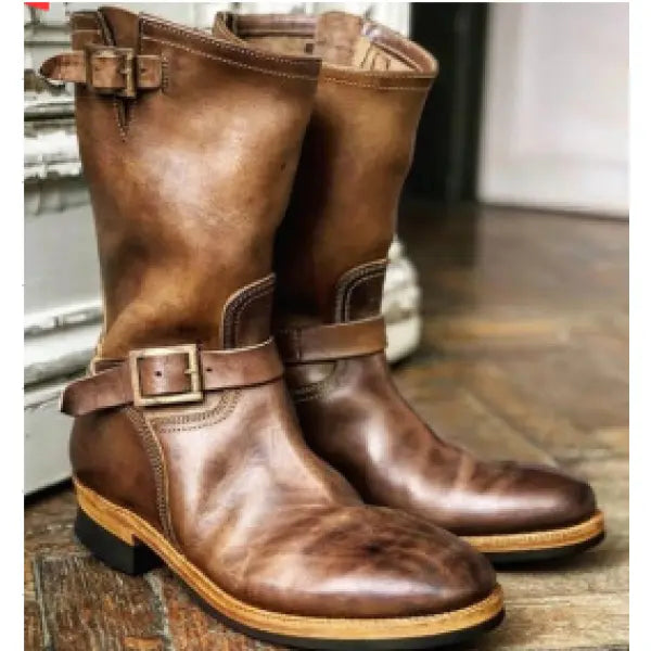 Men's Outdoor Retro Vntage Belt Buckle Low Heel PU Boots