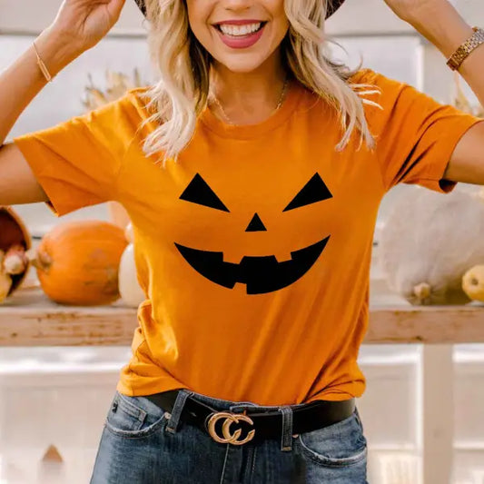 Women's Vintage Halloween Jack-O-Lantern Short Sleeve Crew Neck T-Shirt