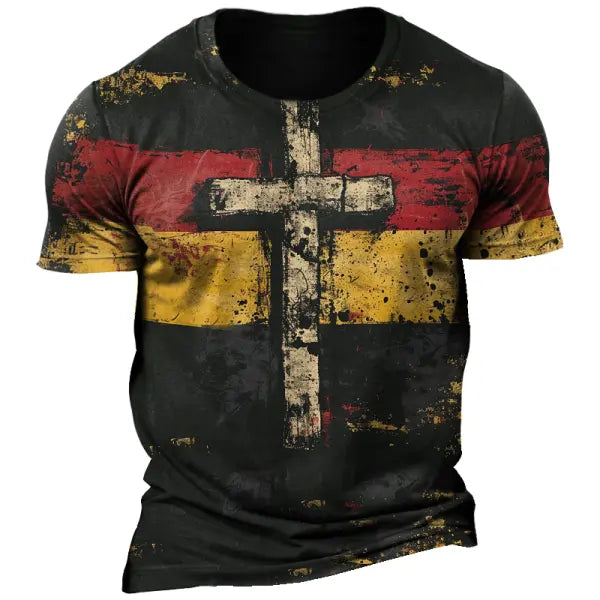 Men's Retro Cross Faith Germany Flag Color Block Print Crew Neck T-Shirt