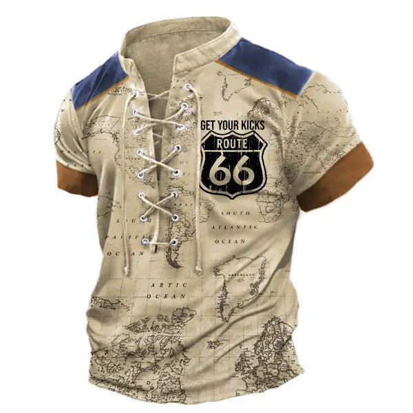 Men's Vintage World Map Route 66 Lace-Up Stand Collar T-Shirt