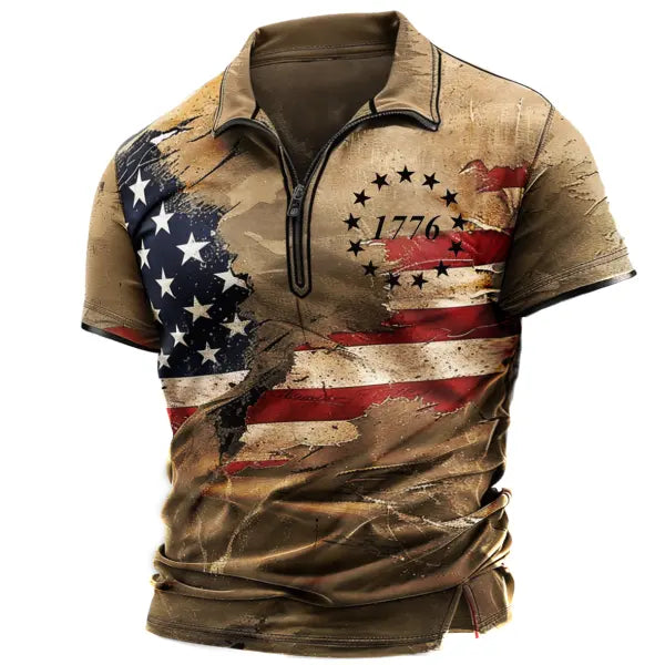 Men's T-Shirt Vintage American Flag Print Short Sleeve Summer Daily Polo Neck Tops