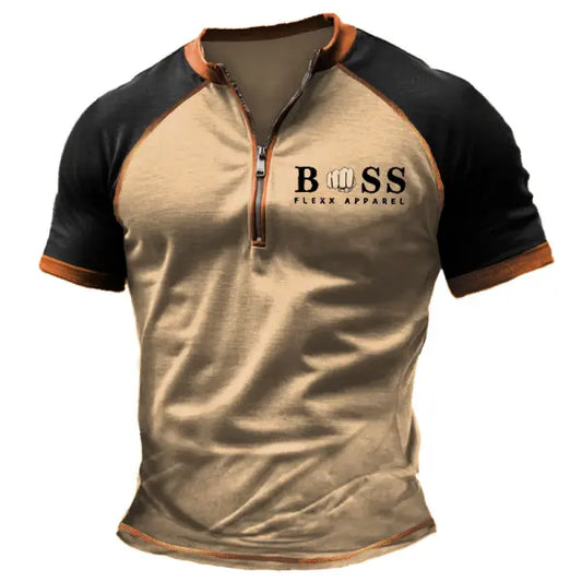 Men's Vintage Color Block Zipper Henley Collar Short Sleeve T-Shirt