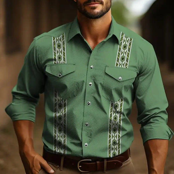 Men's Vintage Western Aztec Geometric Print Pocket Casual Long Sleeve Shirt