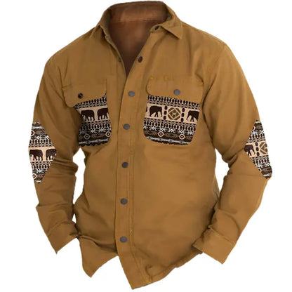 Men's Aztec Elbow Patch Western Cargo Pocket Color Block Long Sleeve Jacket Shirt