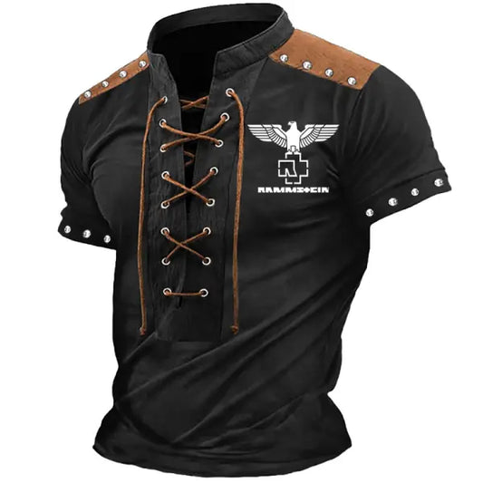 Men's Rock Music Studded Outdoor Vintage Color Block Stand Collar Lace Up Short Sleeve T-Shirt