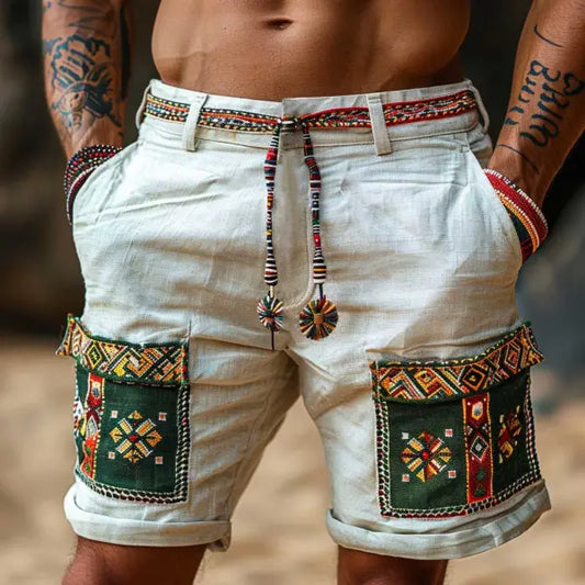 Men's Vintage Cotton And Linen Ethnic Aztec Hippie Print Casual Shorts