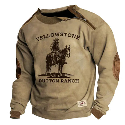 Men's Yellowstone Print Sweatshirt Deconstructive Patchwork Vintage Long Sleeve Daily Polo Neck Tops