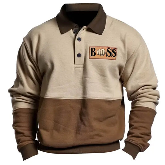 Men's Vintage Polo Collar Color Block Long Sleeve Sweatshirt