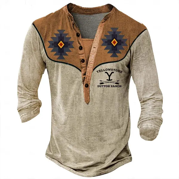 Men's Vintage Yellowstone Western Aztec Cowboy Henley Long Sleeve T-Shirt