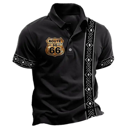 Men's Vintage Route 66 Print Short Sleeve Polo T-Shirt