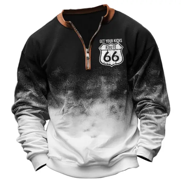 Men's Vintage Route 66 Road Trip Zip Henley Collar Tie Dye Ombre Long Sleeve Sweatshirt