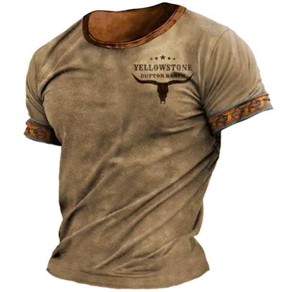 Men's T-shirt Retro Western National Style Yellowstone Print Pattern Summer Short-sleeved Color Matching Round Neck Tee