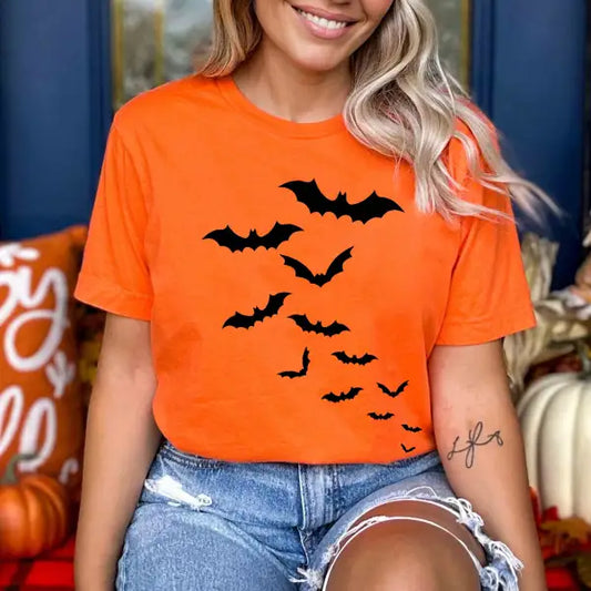 Women's Vintage Halloween Cute Bat Short Sleeve Crew Neck T-Shirt