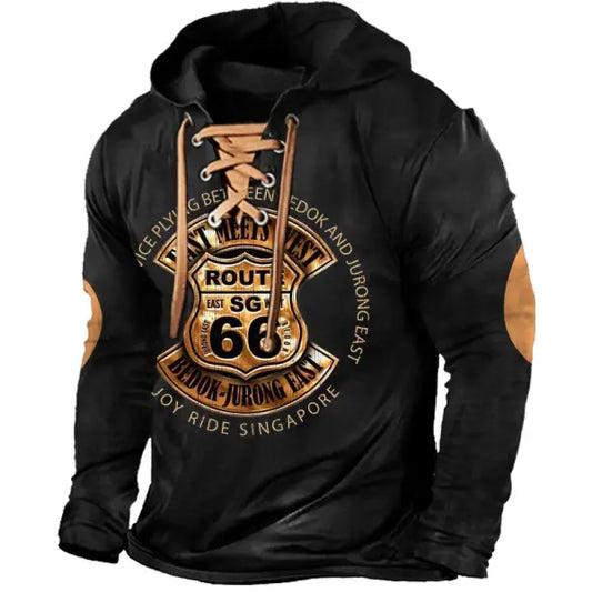 Men's Vintage Route 66 Road Trip Print Lace-Up Hooded Long Sleeve Color Block T-shirt