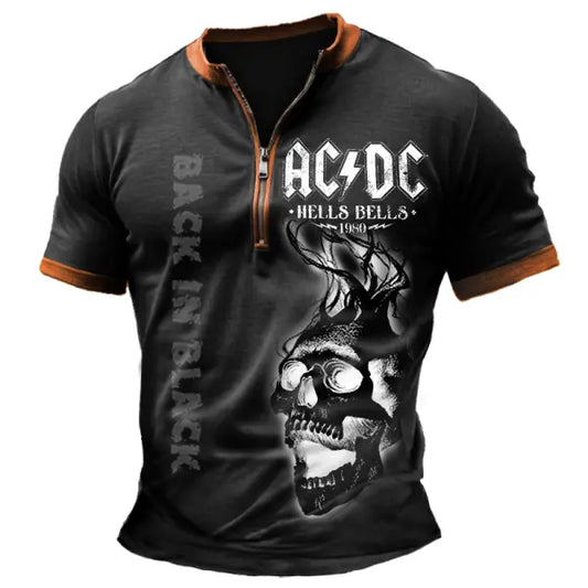 Men's Vintage ACDC Rock Skull Color Block Zipper Henley Collar T-Shirt