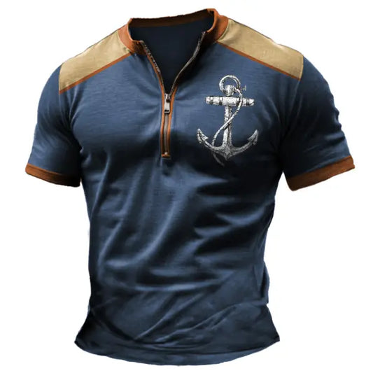 Men's Vintage Nautical Anchor Color Block Zipper Henley Collar Short Sleeve T-Shirt