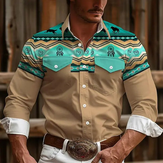 Men's Vintage Western Aztec Geometric Print Pocket Casual Long Sleeve Shirt