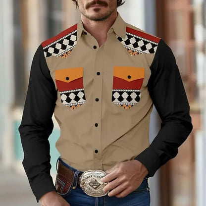 Men's Vintage Western Aztec Geometric Print Pocket Casual Long Sleeve Shirt