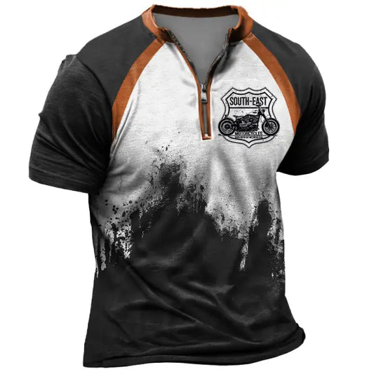 Men's Vintage Motorcycle Ink Color Block Zipper Henley Collar Short Sleeve T-Shirt