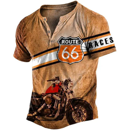 Men's Vintage Route 66 Motorcycle Races Print Henley Short Sleeve T-Shirt