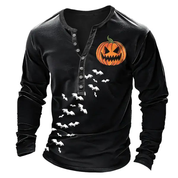 Men's Vintage Scary Pumpkin Bat Halloween Print Henley Long Sleeve T-Shirt