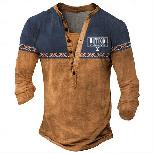 Men's Vintage Yellowstone Western Style Aztec Cowboy Color Block Henley Long Sleeve T-Shirt