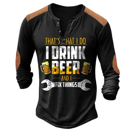 Men's VintageThat's What I Do I Drink And I Fix Things Color Block Henley Long Sleeve T-Shirt