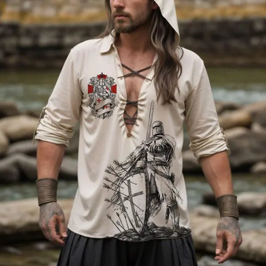 Men's Templar Printed V-neck Cotton Linen Shirt