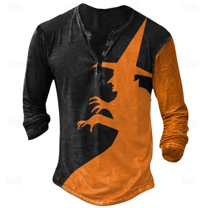 Men's Vintage Halloween Witch Henley Long Sleeve T-Shirt