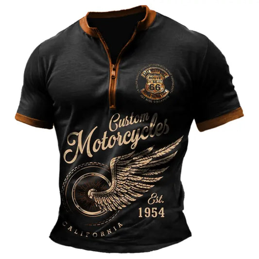 Men's Route66 Motorcycle Flame Races Vintage Color Block Zipper Henley Collar Short Sleeve T-Shirt