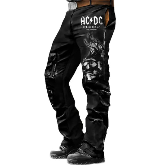 Men's ACDC Rock Band Dark Skull Tactical Pants Outdoor Vintage Washed Cotton Washed Multi-Pocket Trousers