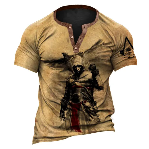 Men's Adventure Game Retro Vintage Printed Short Sleeved Henley T-shirt