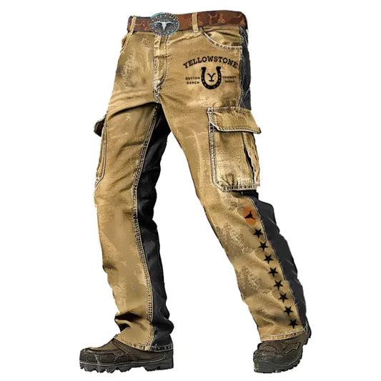 Men's Vintage Western Yellowstone Horseshoe Outdoor Military Distressed Multi-pocket Color Block Tactical Pants