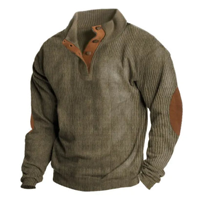 Men's Corduroy Sweatshirt Elbow Patch Sweatshirt Outdoor Casual Stand Collar Long Sleeve Sweatshirt