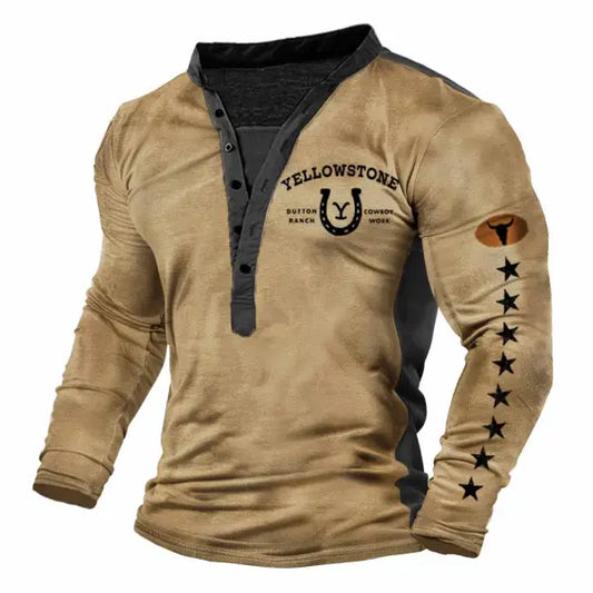 Men's Vintage Western Yellowstone Horseshoe Print Color Block Henley Long Sleeve T-Shirt