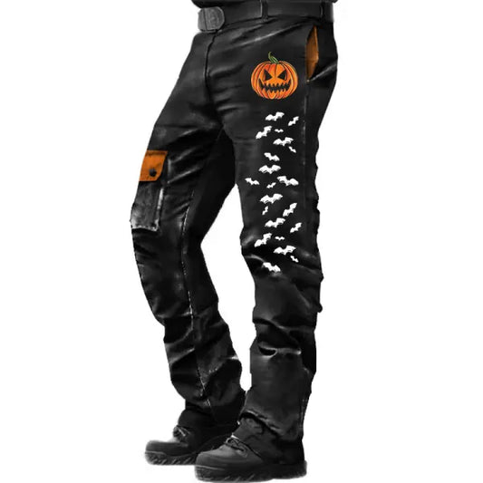 Men's Vintage Scary Pumpkin Halloween Outdoor Military Distressed Multi-pocket Color Block Tactical Pants