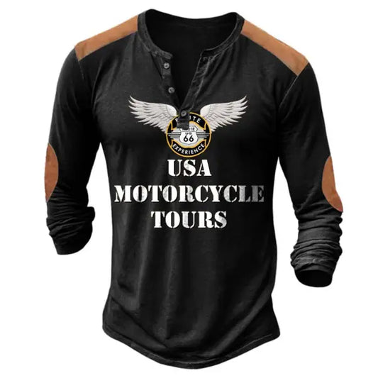 Men's Vintage Route 66 Motorcycle Color Block Henley Long Sleeve T-Shirt