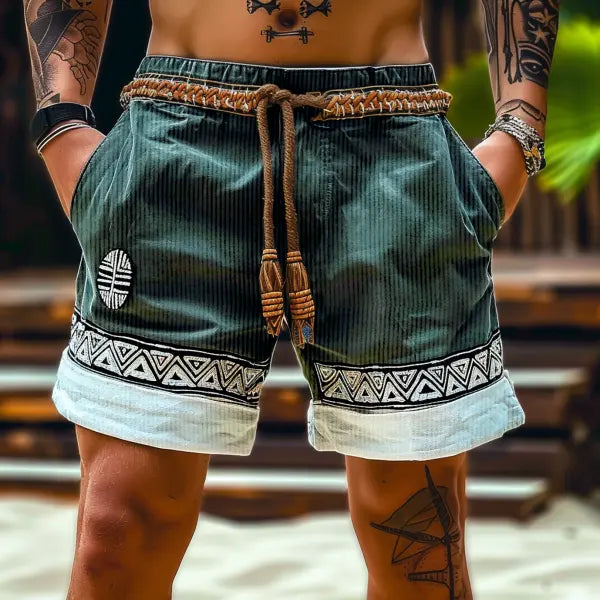 Men's Ethnic Graphic Printed Corduroy Surf Cargo Casual Work Shorts