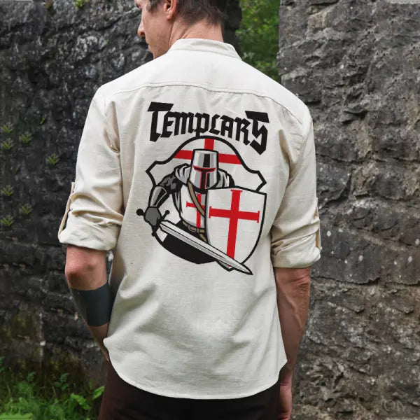 Men's Templar Printed Pocket Stand Up Collar Cotton Linen Shirt