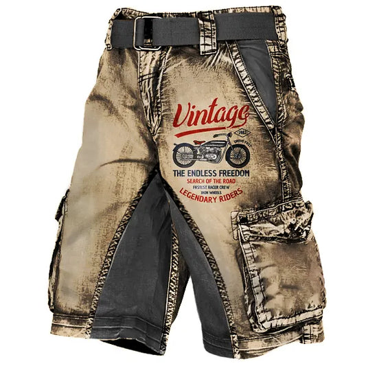 Men's Plus Size Vintage Motorcycle Racing Distressed Wash Print Multi-Pocket Tactical Shorts