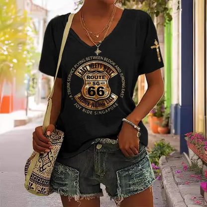 Women's Route 66 Cross Print Short Sleeve V-Neck Casual T-Shirt