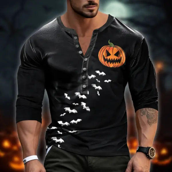 Men's Vintage Scary Pumpkin Bat Halloween Print Henley Long Sleeve T-Shirt