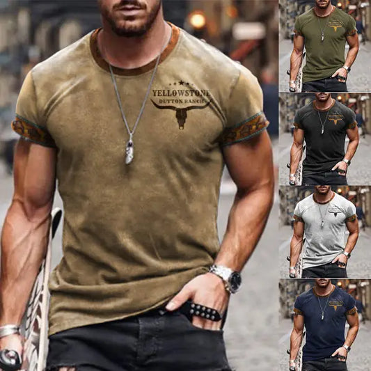 Men's T-shirt Retro Western National Style Yellowstone Print Pattern Summer Short-sleeved Color Matching Round Neck Tee