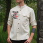 Men's Templar Printed Pocket Stand Up Collar Cotton Linen Shirt