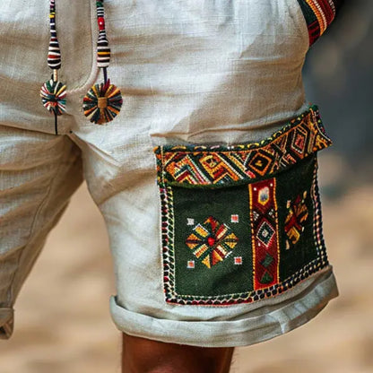 Men's Vintage Cotton And Linen Ethnic Aztec Hippie Print Casual Shorts