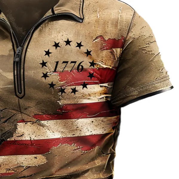 Men's T-Shirt Vintage American Flag Print Short Sleeve Summer Daily Polo Neck Tops