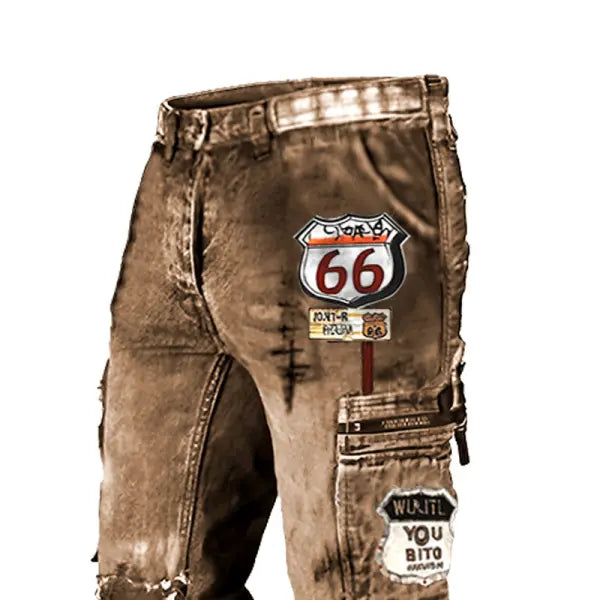 Men's Cargo Pants Route 66 Road Trip Motorcycle Vintage Distressed Utility Outdoor Pants