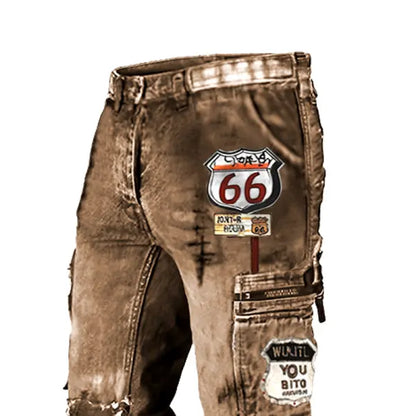 Men's Cargo Pants Route 66 Road Trip Motorcycle Vintage Distressed Utility Outdoor Pants